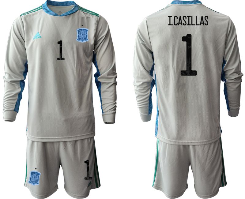 Men 2021 World Cup National Spain gray long sleeve goalkeeper #1 Soccer Jerseys